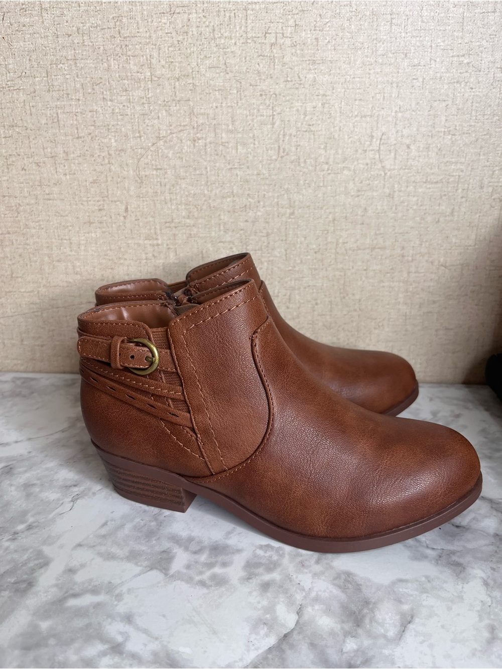 Soda Chestnut Brown Low Heel Ankle Booties with Buckle